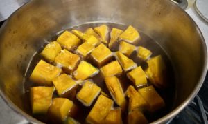 cubed kabocha squash lining a cooking pot in a single layer